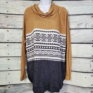 Maurices Women’s XL Mustard Black Aztec Print Cowl Neck Tunic Sweater